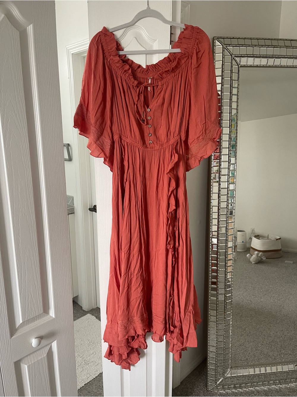 Free People Coral Midi Dress with Ruffled Hem